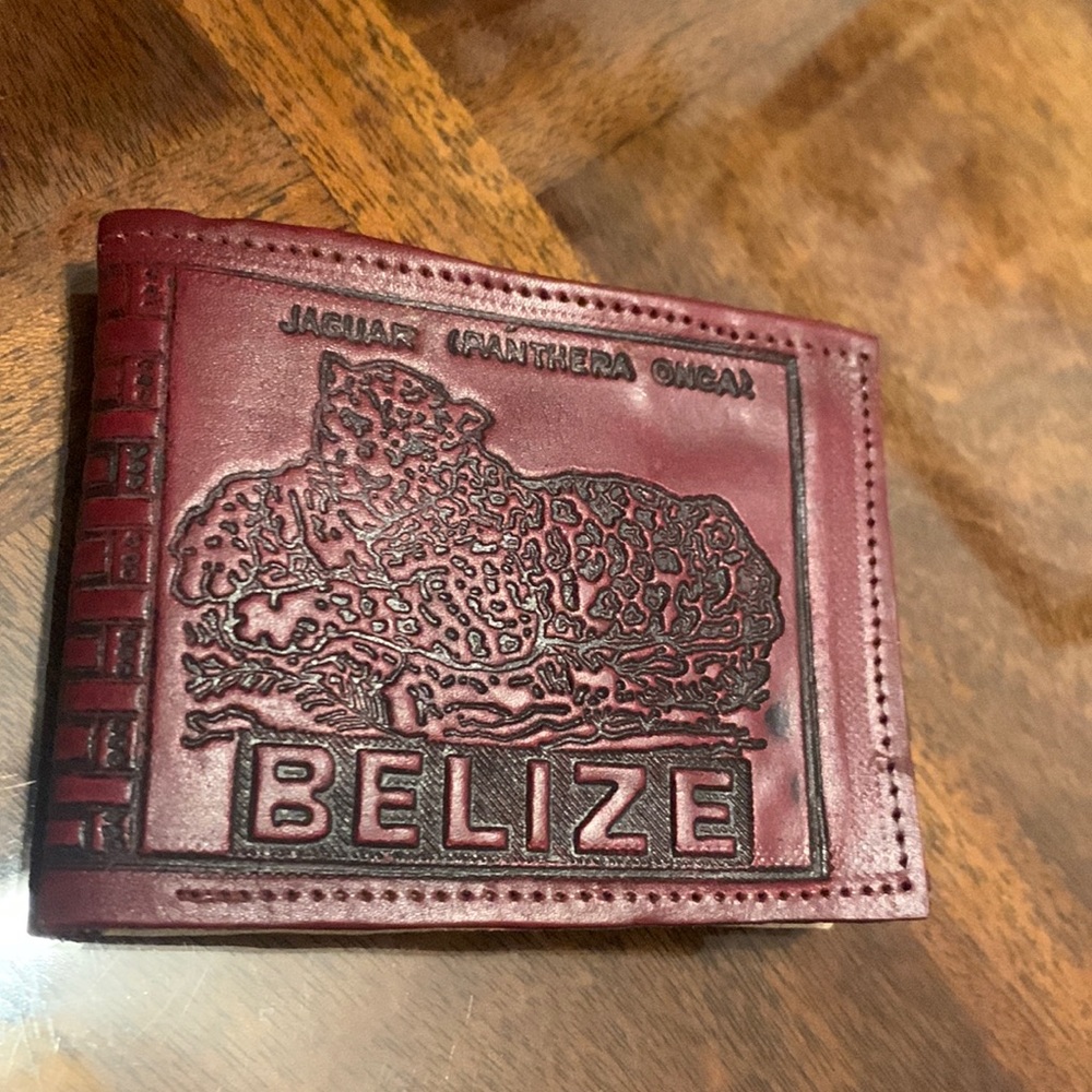 Vintage Leather Belize Souvenir Wallet Bifold Hand Tooled Jaguar & Coat of Arms